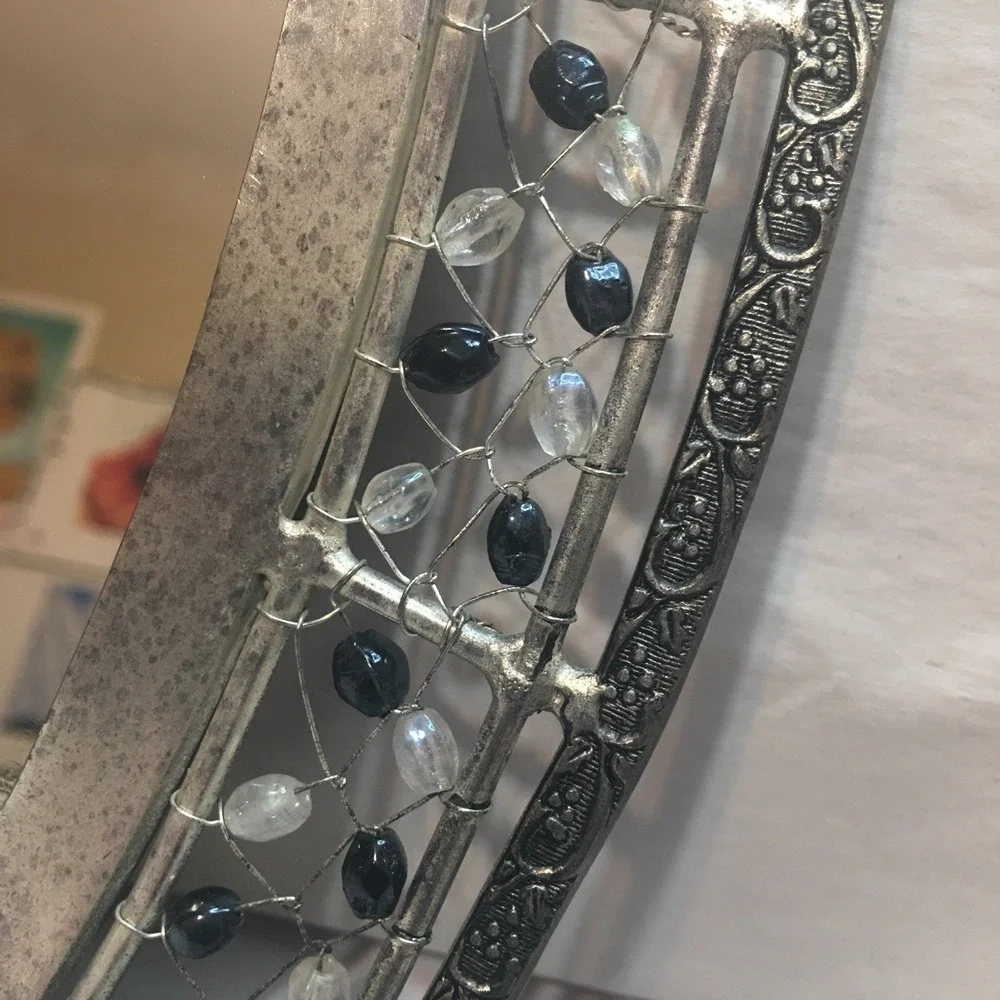 Silver-Tone Sapphire and Iridescent Glass Bead Hand Tied Mirror Art Deco Boho‎